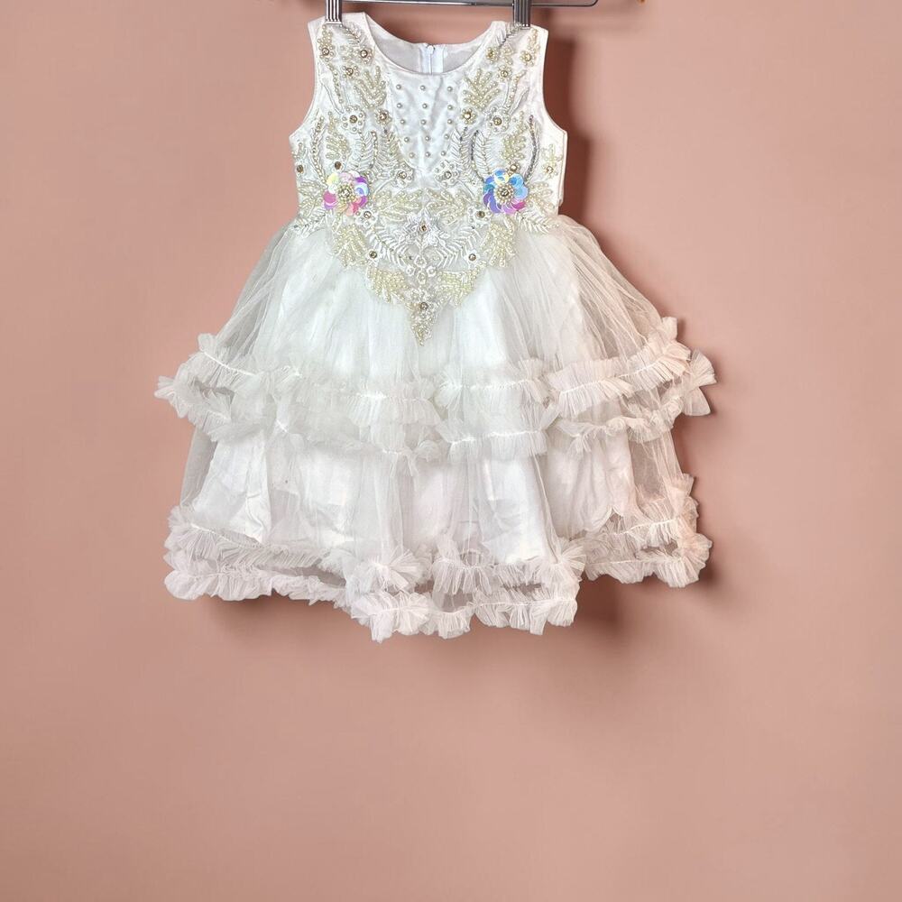 Girls White Formal Dress Size 5 Beaded Sequin Ruffle Wedding Princess Birthday